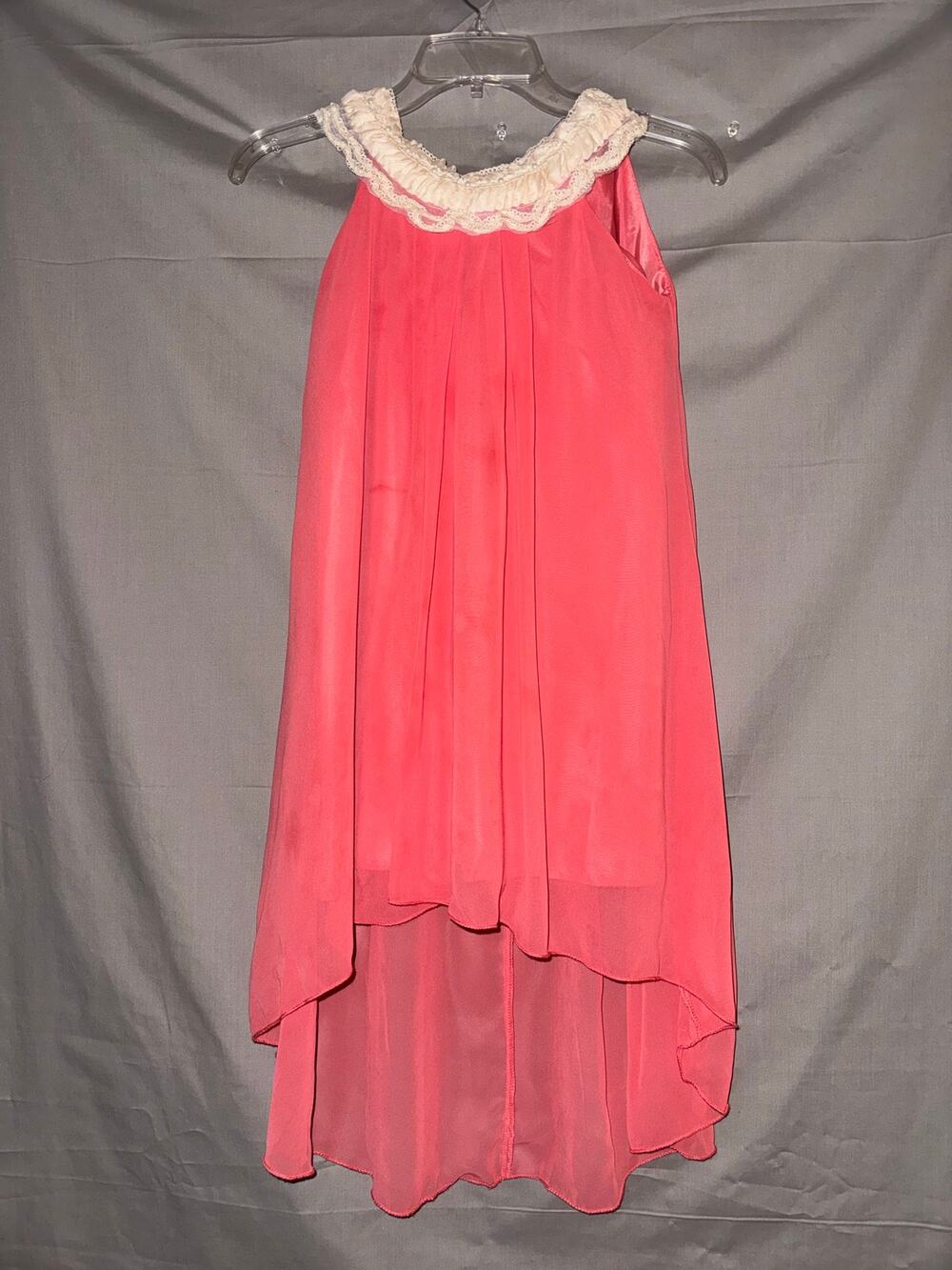 My Best Kid Girls Coral Chiffon Dress Lace Pearl Ruffle High Low, Size 9-10